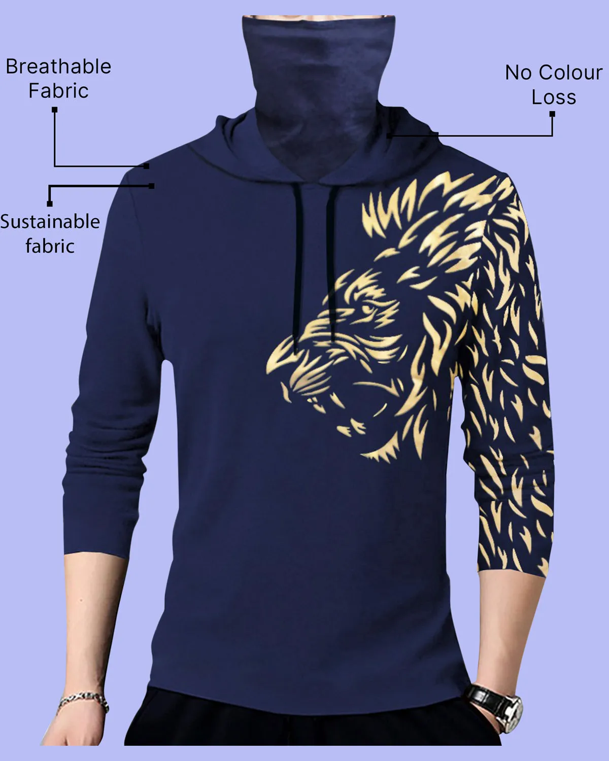 Men Navy Blue Lion Printed Hooded Mask T-shirt