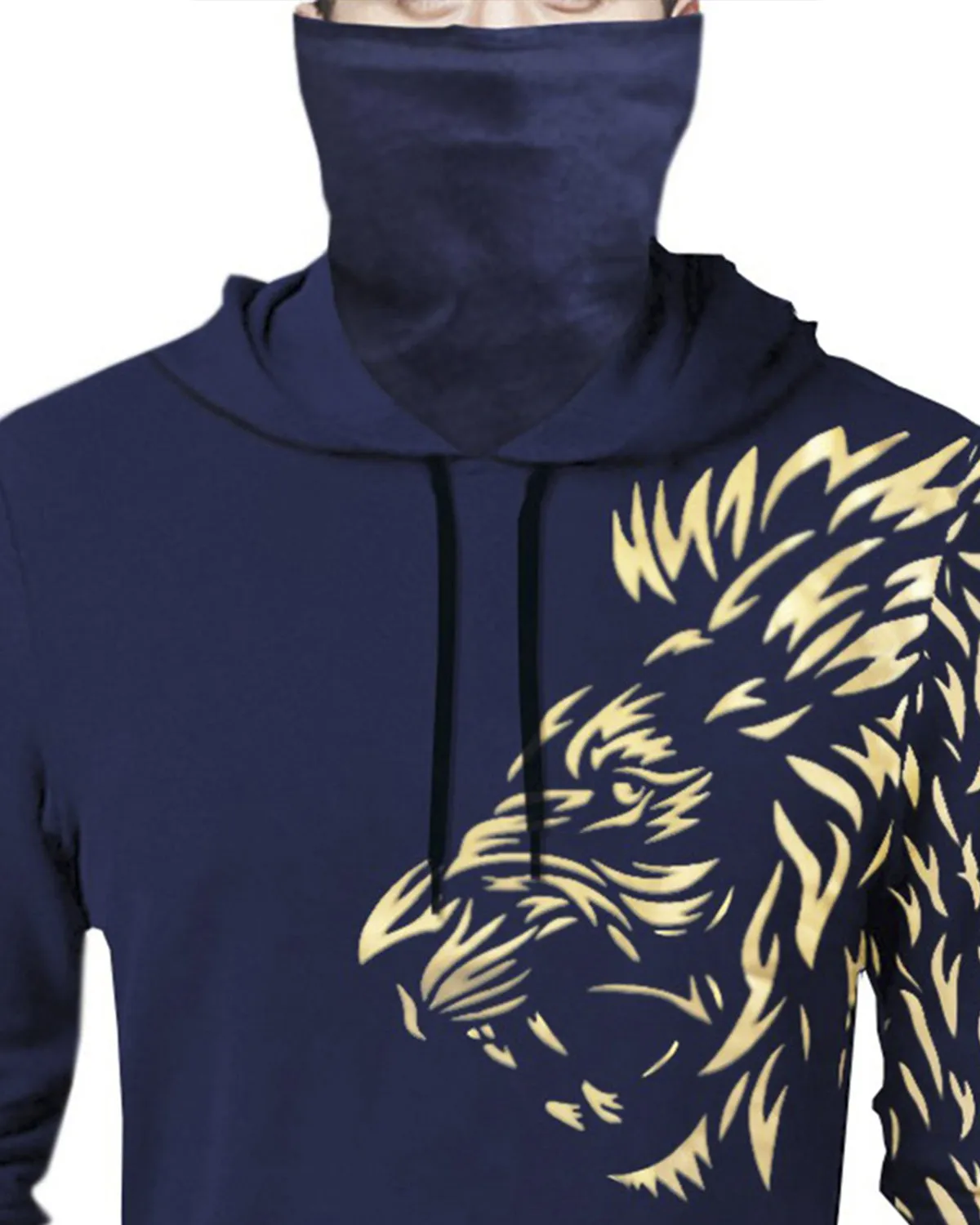 Men Navy Blue Lion Printed Hooded Mask T-shirt