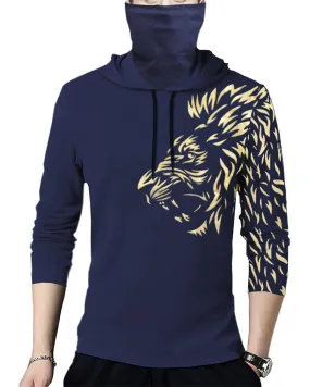 Men Navy Blue Lion Printed Hooded Mask T-shirt