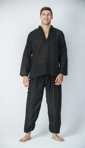 Mens V Neck Band Collar Yoga Shirt in Black