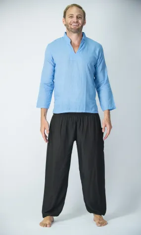 Mens V Neck Band Collar Yoga Shirt in Blue