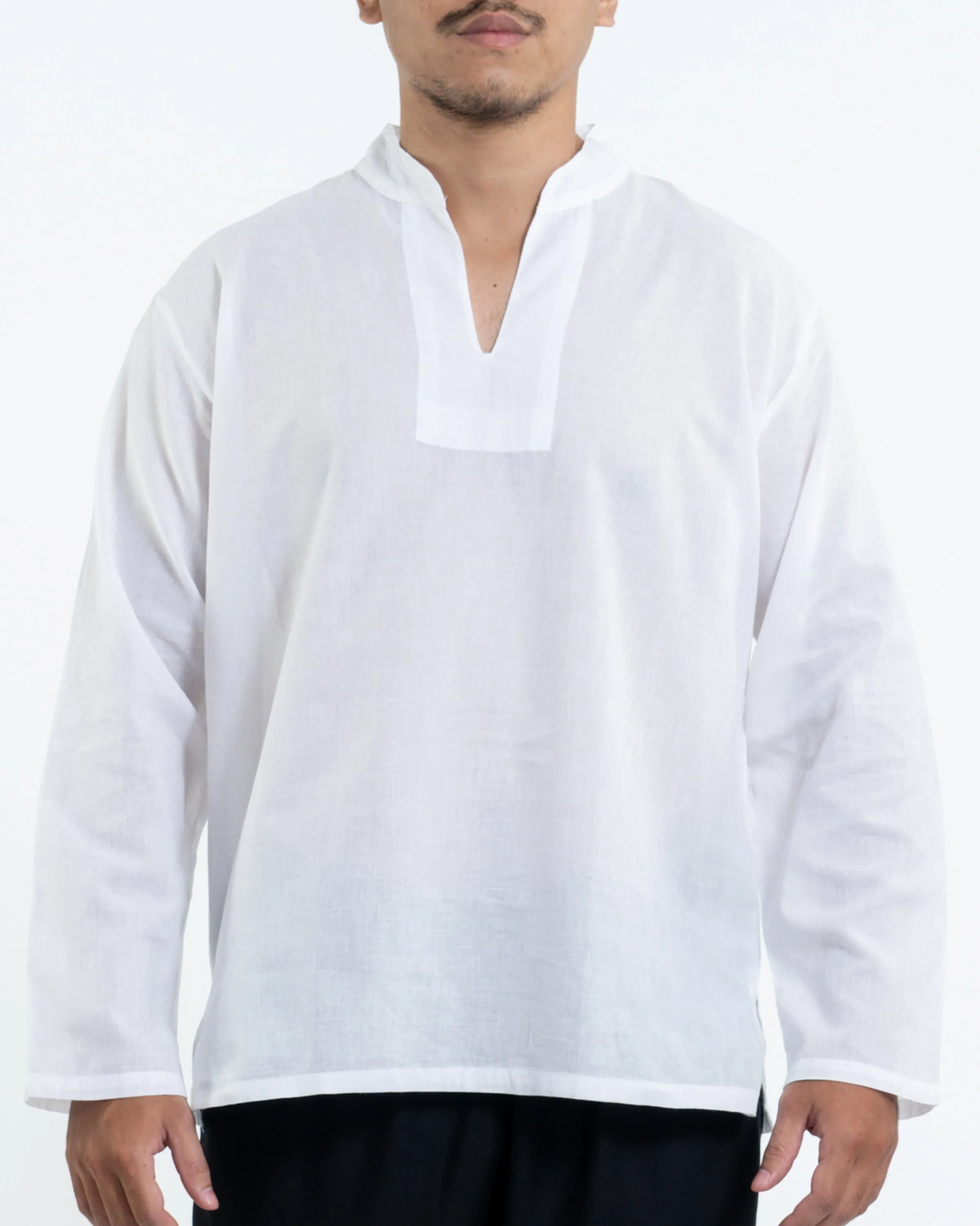 Mens V Neck Band Collar Yoga Shirt in White