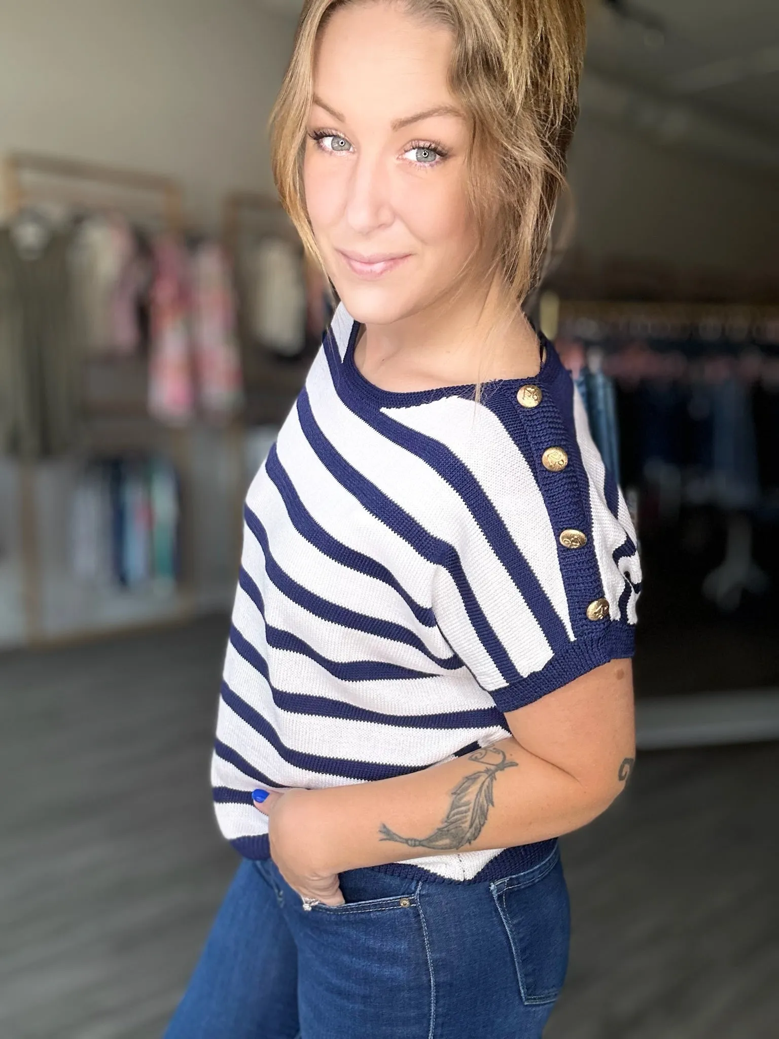 Navy Button Shoulder Top