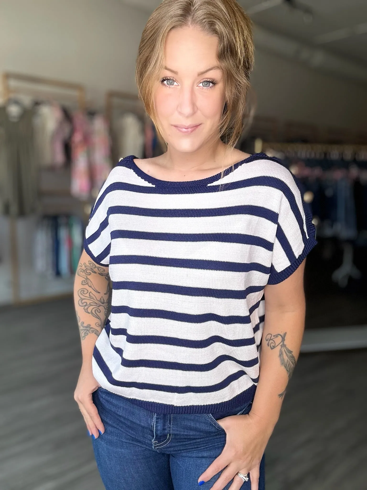 Navy Button Shoulder Top