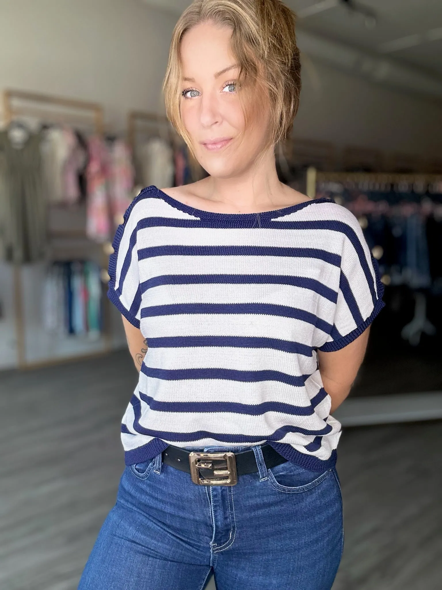 Navy Button Shoulder Top