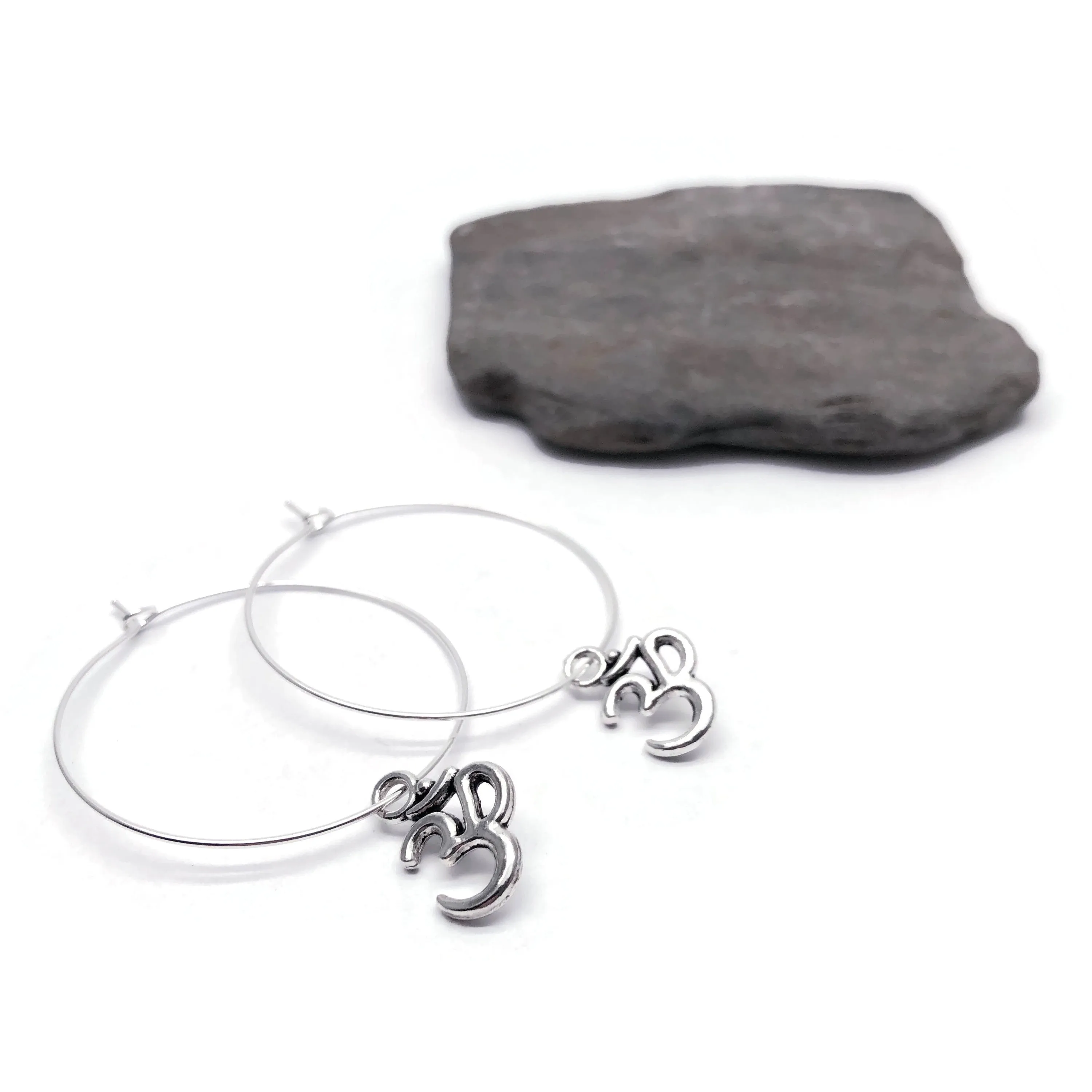 Ohm Charm Silver Plated Hoop Earrings 35mm