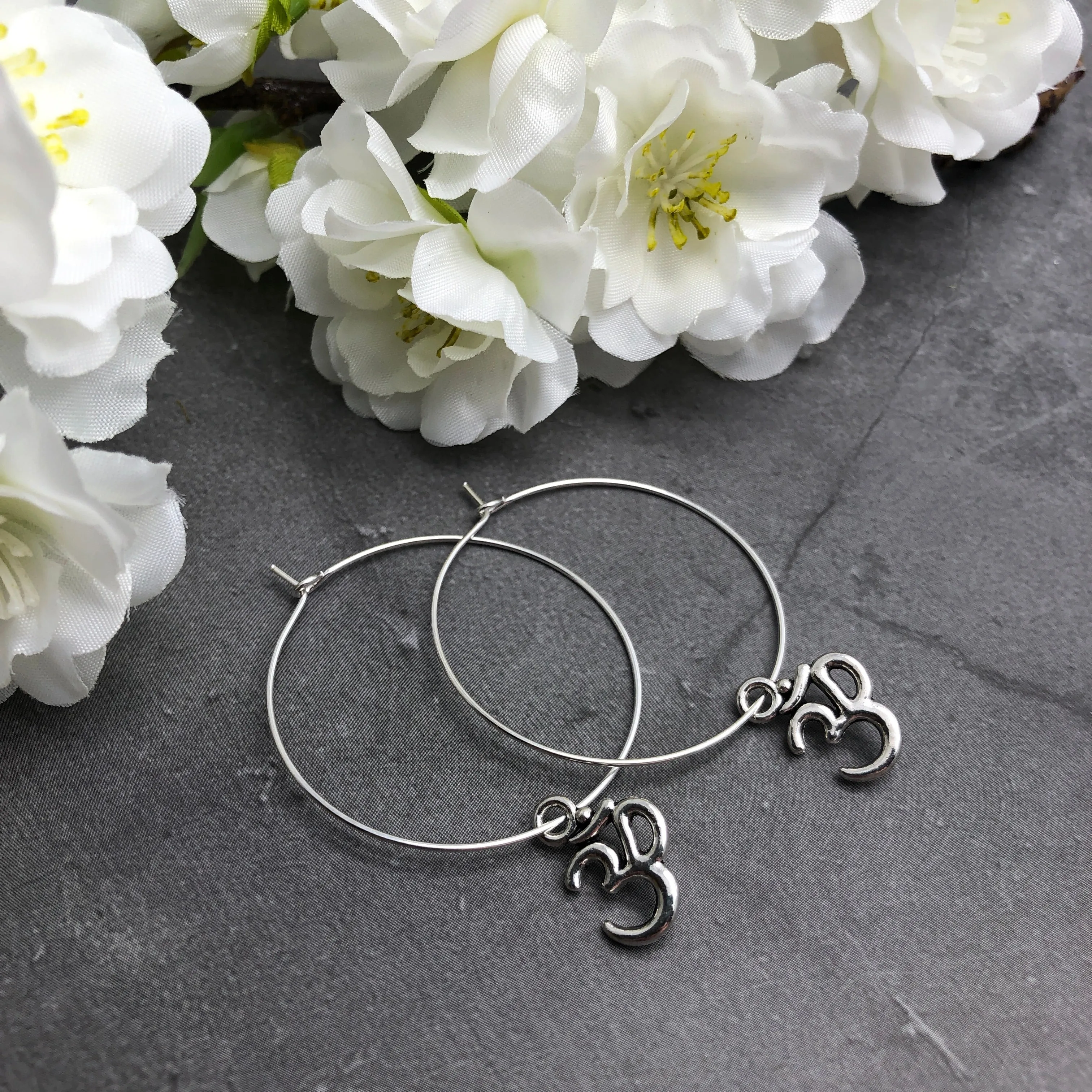 Ohm Charm Silver Plated Hoop Earrings 35mm