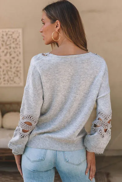 Openwork V-Neck Raglan Sleeve Sweater