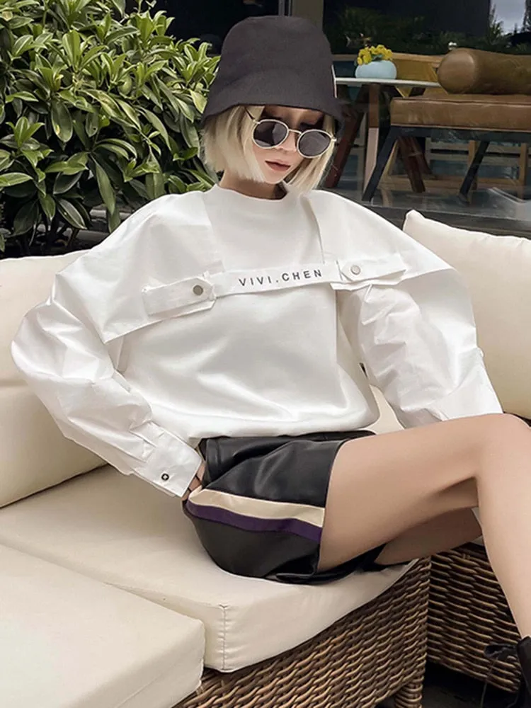 Patchwork Button T Shirts For Women Round Neck Long Sleeve Loose Causal Solid Designer T Shirt Female Fashion