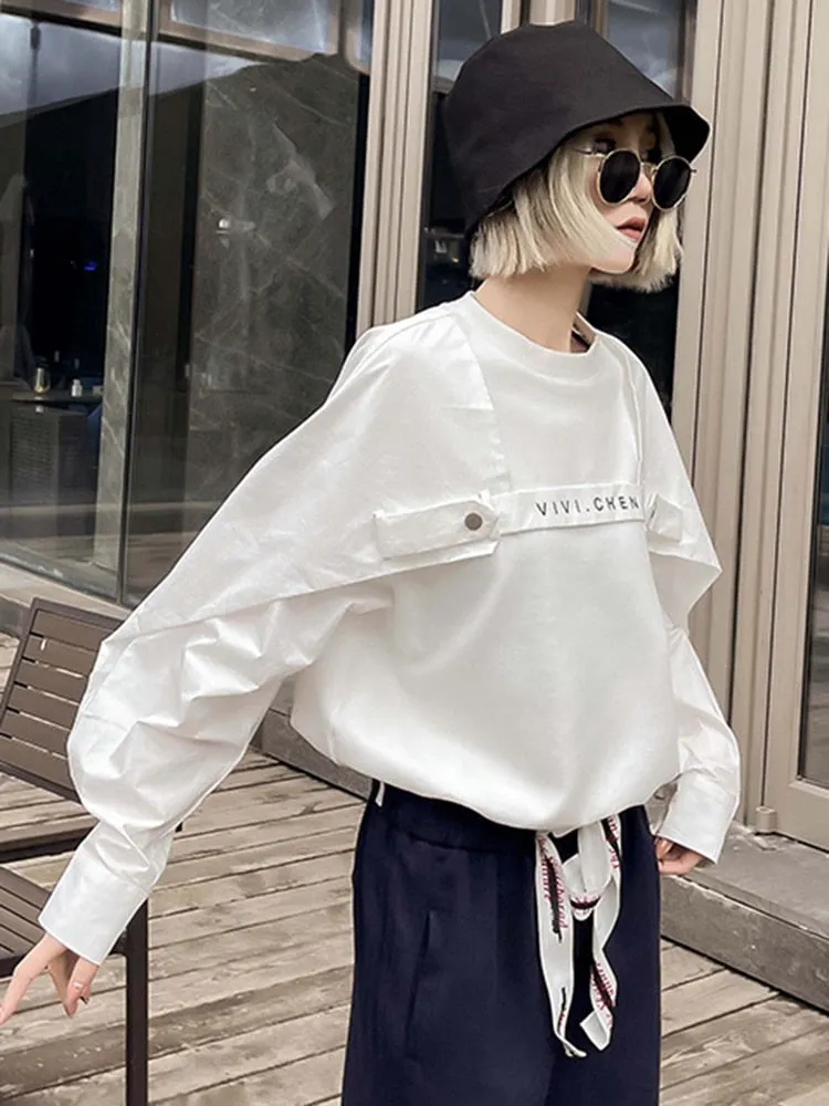 Patchwork Button T Shirts For Women Round Neck Long Sleeve Loose Causal Solid Designer T Shirt Female Fashion