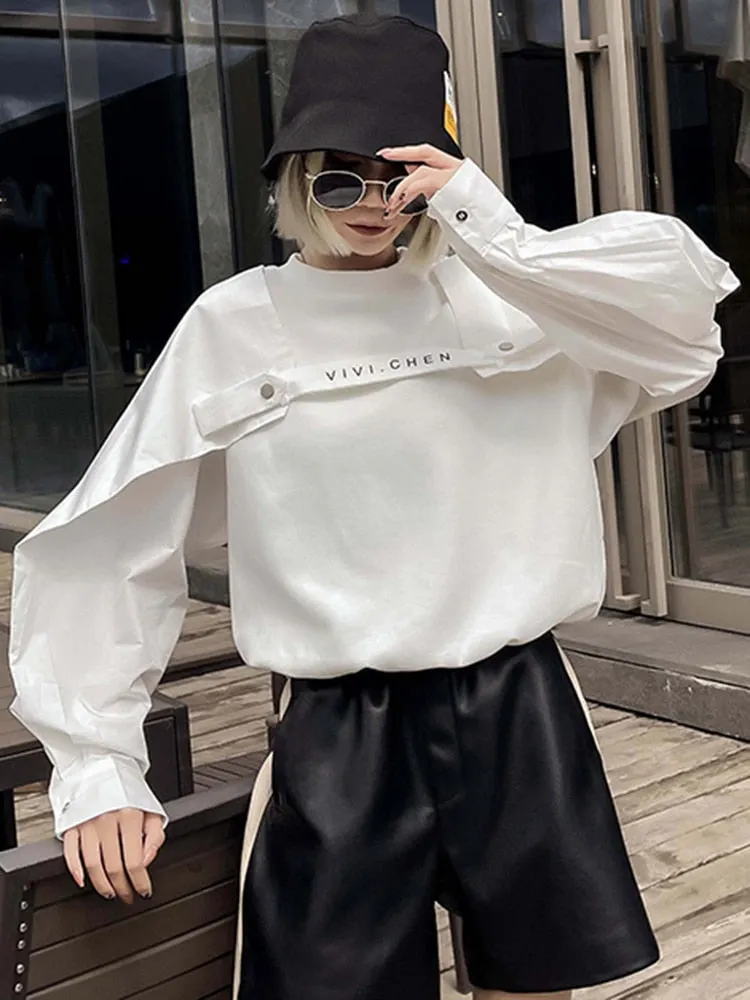 Patchwork Button T Shirts For Women Round Neck Long Sleeve Loose Causal Solid Designer T Shirt Female Fashion