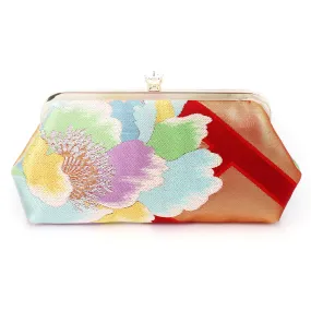 Peony Kimono Clutch Purse in Red and Rainbow | Upcycled from vintage Japanese Kimono Obi