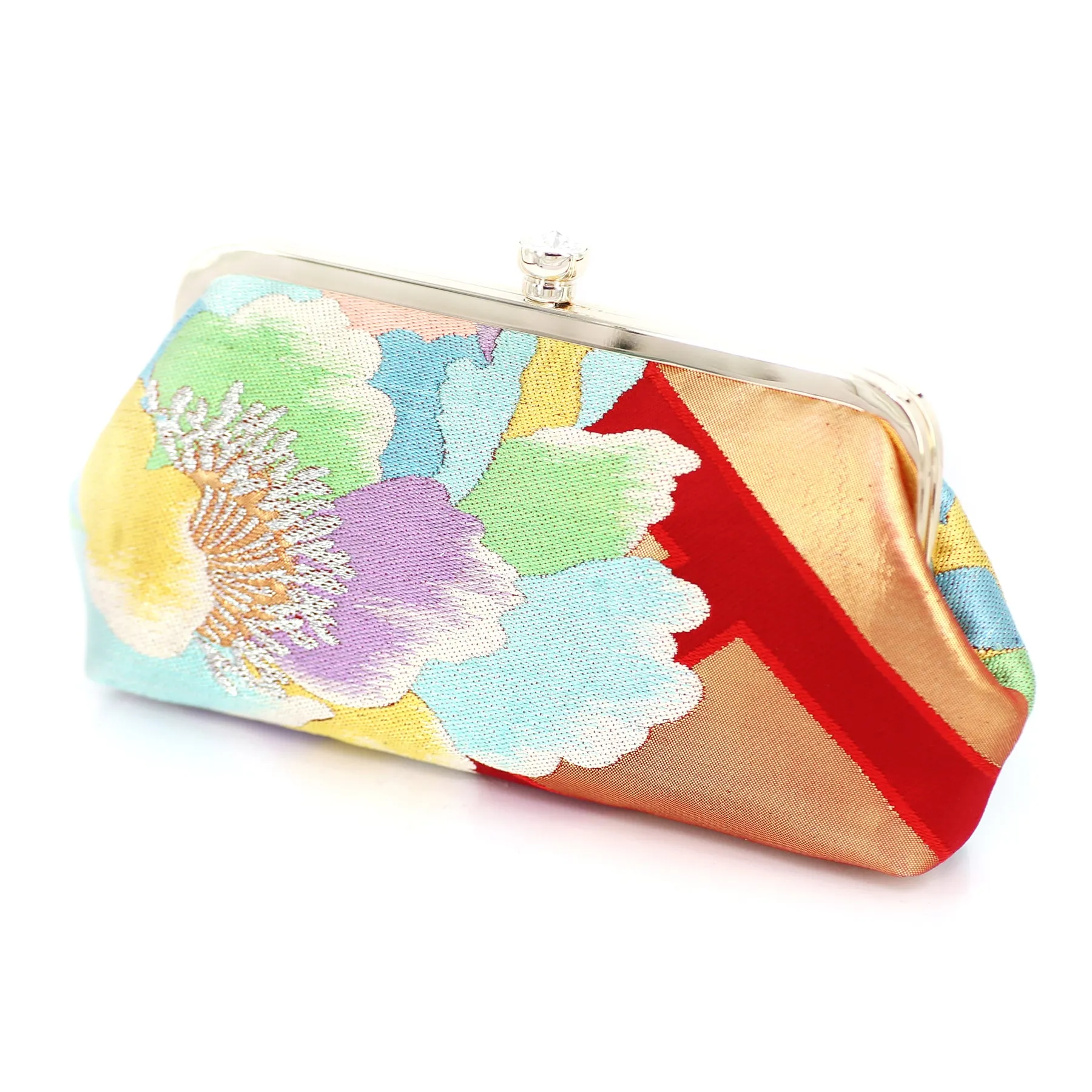 Peony Kimono Clutch Purse in Red and Rainbow | Upcycled from vintage Japanese Kimono Obi