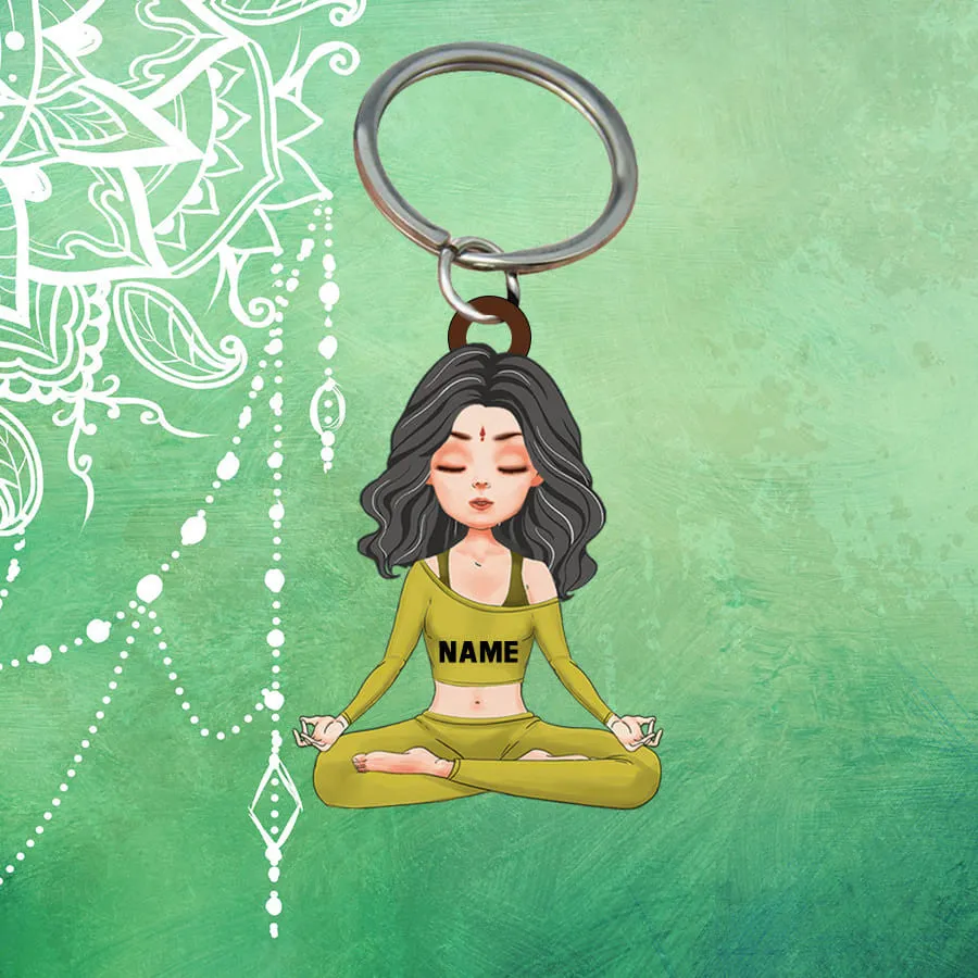 Personalized Yoga Girl Keychain, Custom Name Flat Acrylic Keychain for Yoga Lovers