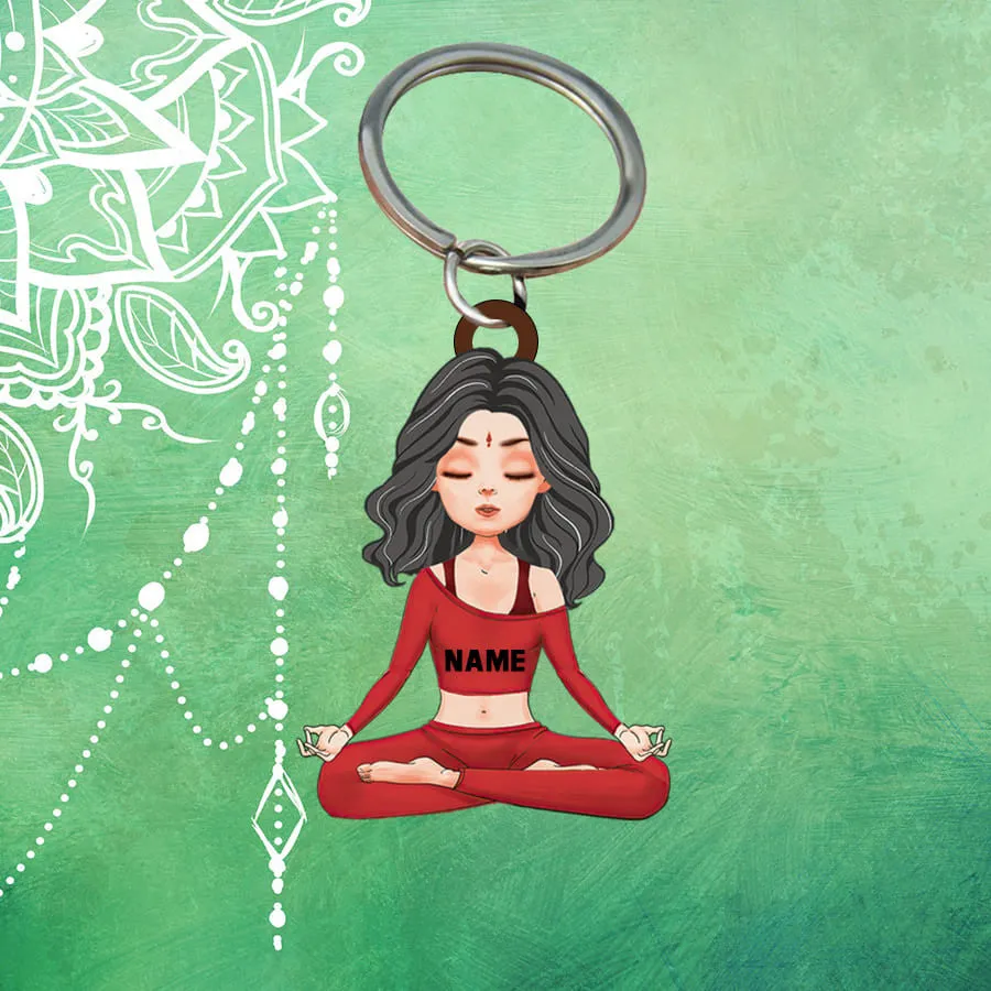 Personalized Yoga Girl Keychain, Custom Name Flat Acrylic Keychain for Yoga Lovers