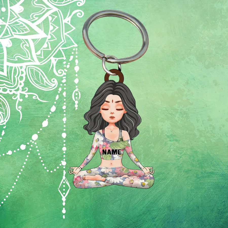 Personalized Yoga Girl Keychain, Custom Name Flat Acrylic Keychain for Yoga Lovers