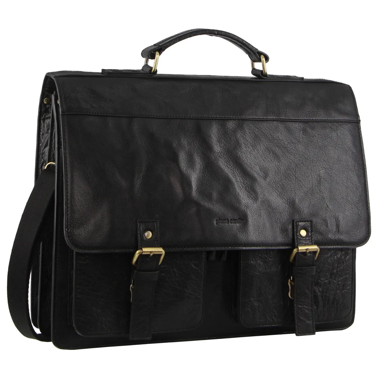 Pierre Cardin Mens Rustic Leather Business Bag with Flip-Cover PC3523 Black