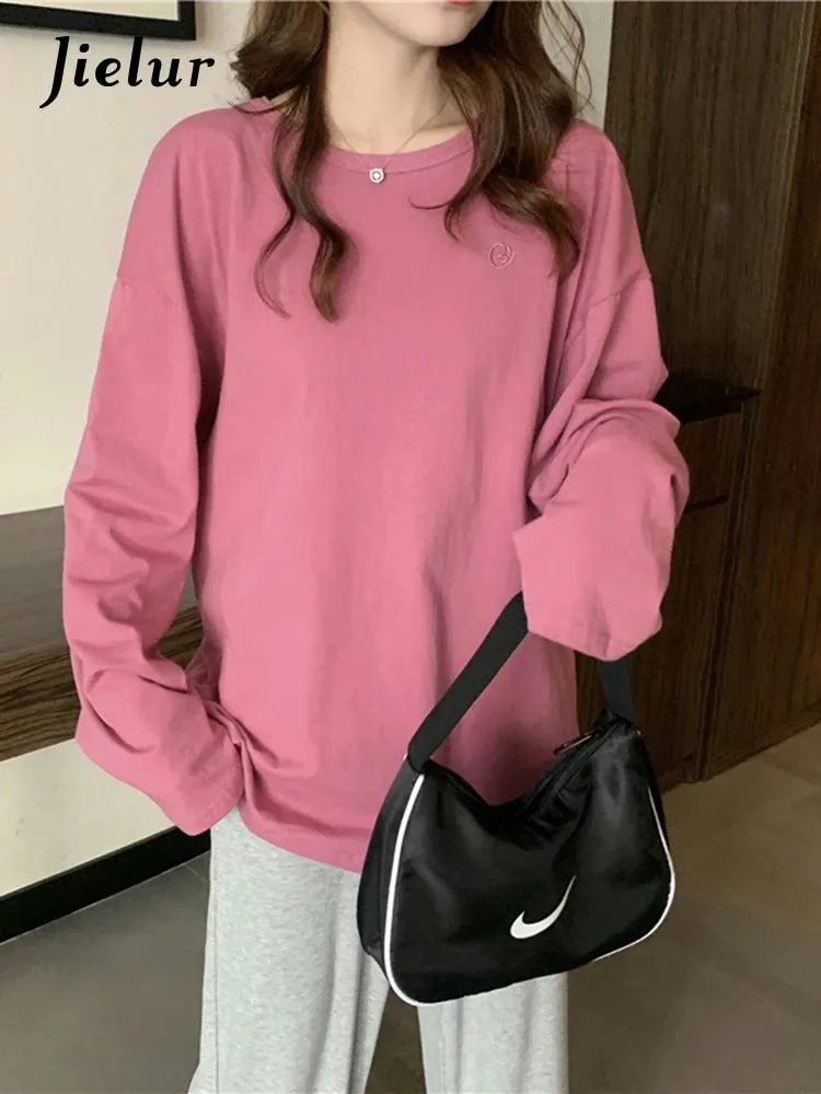 Pink Casual O-neck Women Tshirt New Spring Autumn Loose Simple Embroidery Long Sleeve T-shirt Green Basic Tee Female M-XL