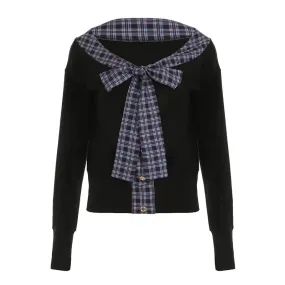 Plaid Bow Patchwork V Neck Long Sleeve Tops Women 2024 Autumn Kawaii T Shirts Y2k 2000s Clothes P84-DI20