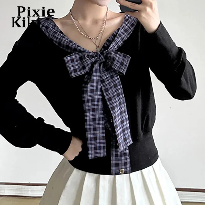 Plaid Bow Patchwork V Neck Long Sleeve Tops Women 2024 Autumn Kawaii T Shirts Y2k 2000s Clothes P84-DI20