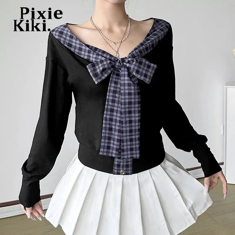 Plaid Bow Patchwork V Neck Long Sleeve Tops Women 2024 Autumn Kawaii T Shirts Y2k 2000s Clothes P84-DI20