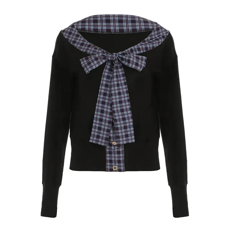 Plaid Bow Patchwork V Neck Long Sleeve Tops Women 2024 Autumn Kawaii T Shirts Y2k 2000s Clothes P84-DI20