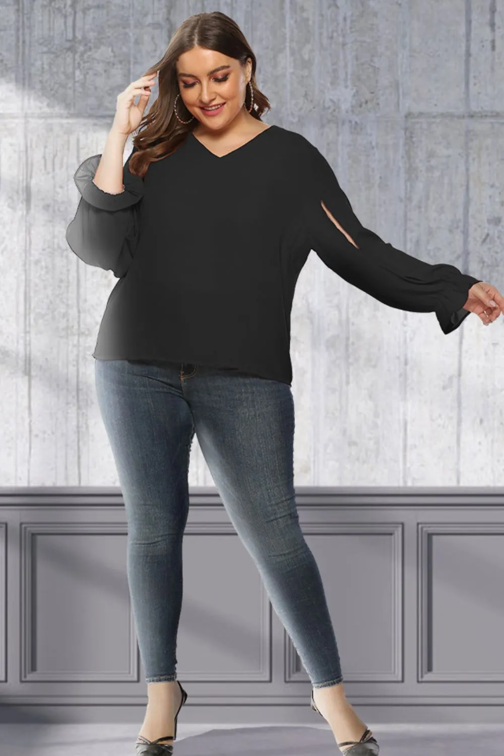 Plus Size Cutout Flounce Sleeve Blouse