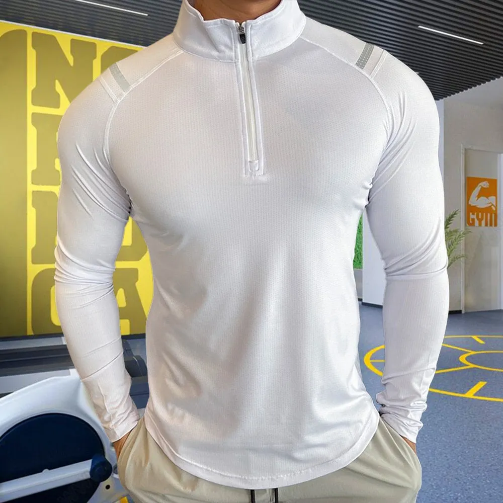 Plus Size High Neck T-shirt for Men Running Sport Tops Long Sleeve Tees Training Clothes Gym Sportswear Fitness Sweatshirts