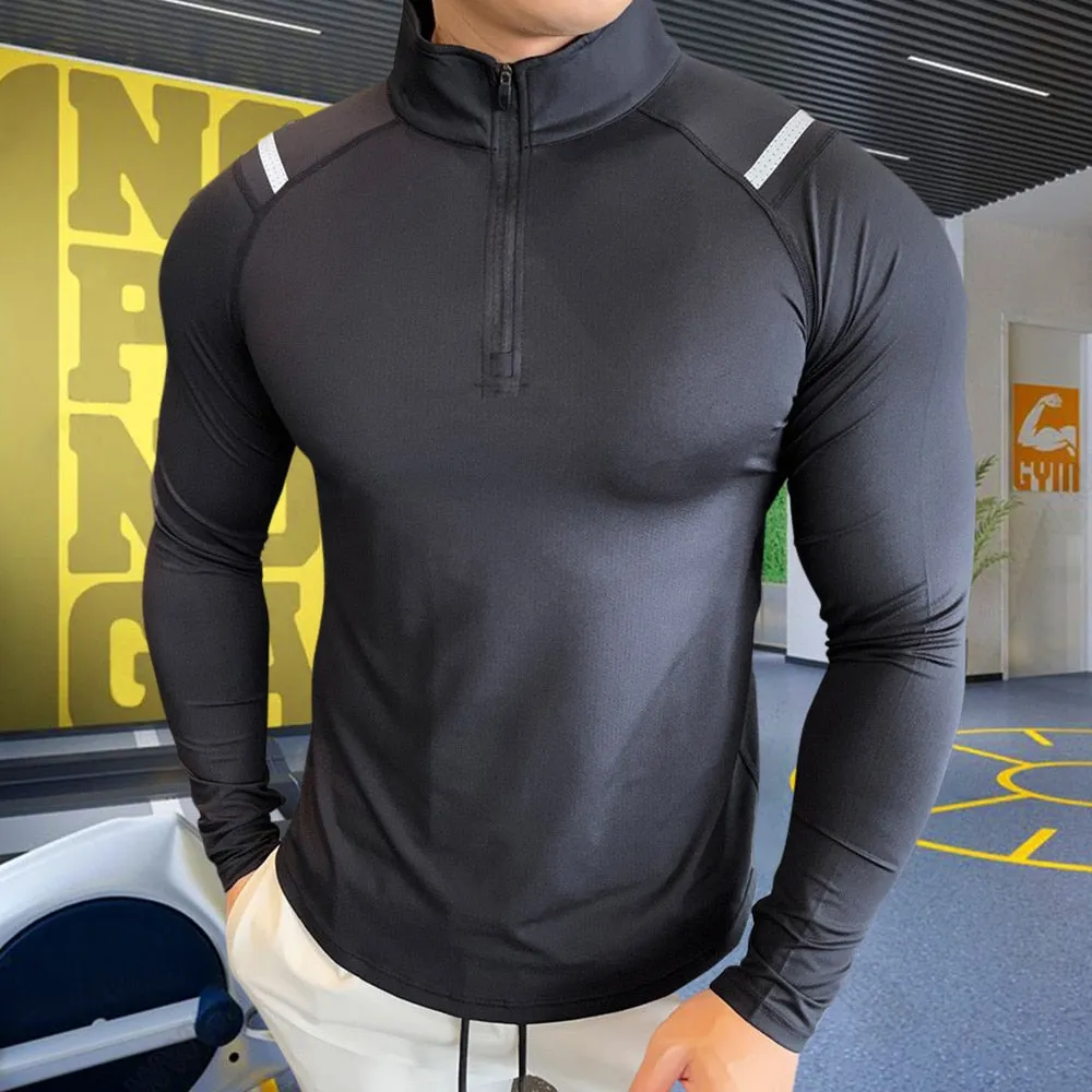 Plus Size High Neck T-shirt for Men Running Sport Tops Long Sleeve Tees Training Clothes Gym Sportswear Fitness Sweatshirts