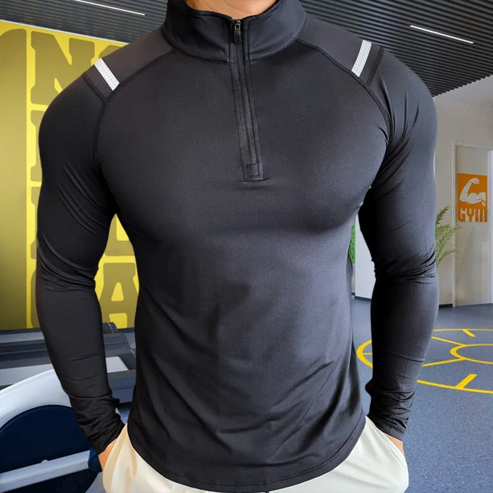 Plus Size High Neck T-shirt for Men Running Sport Tops Long Sleeve Tees Training Clothes Gym Sportswear Fitness Sweatshirts