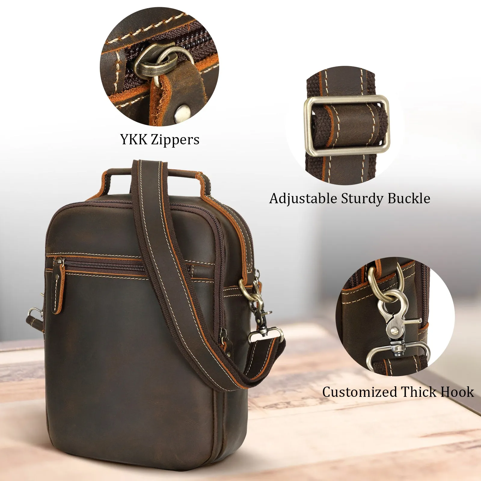 Polare Italian Full Grain Leather Messenger Bag Vintage Chest Shoulder Crossbody Bag Casual Sling Business Handbag for Men