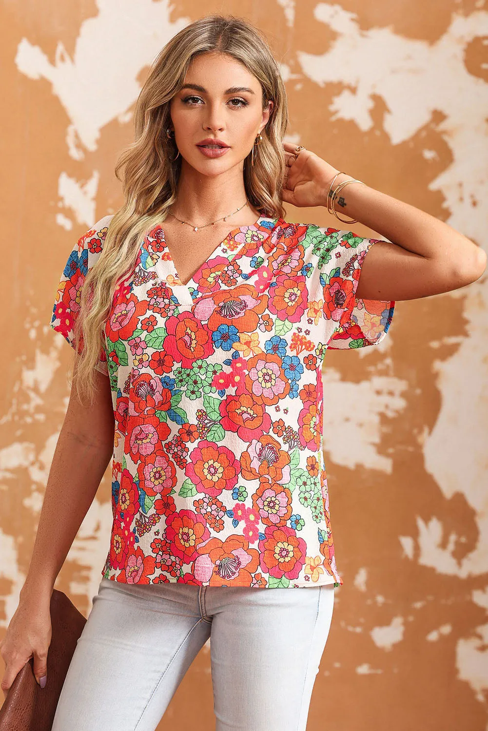 Printed Notched Short Sleeve Blouse