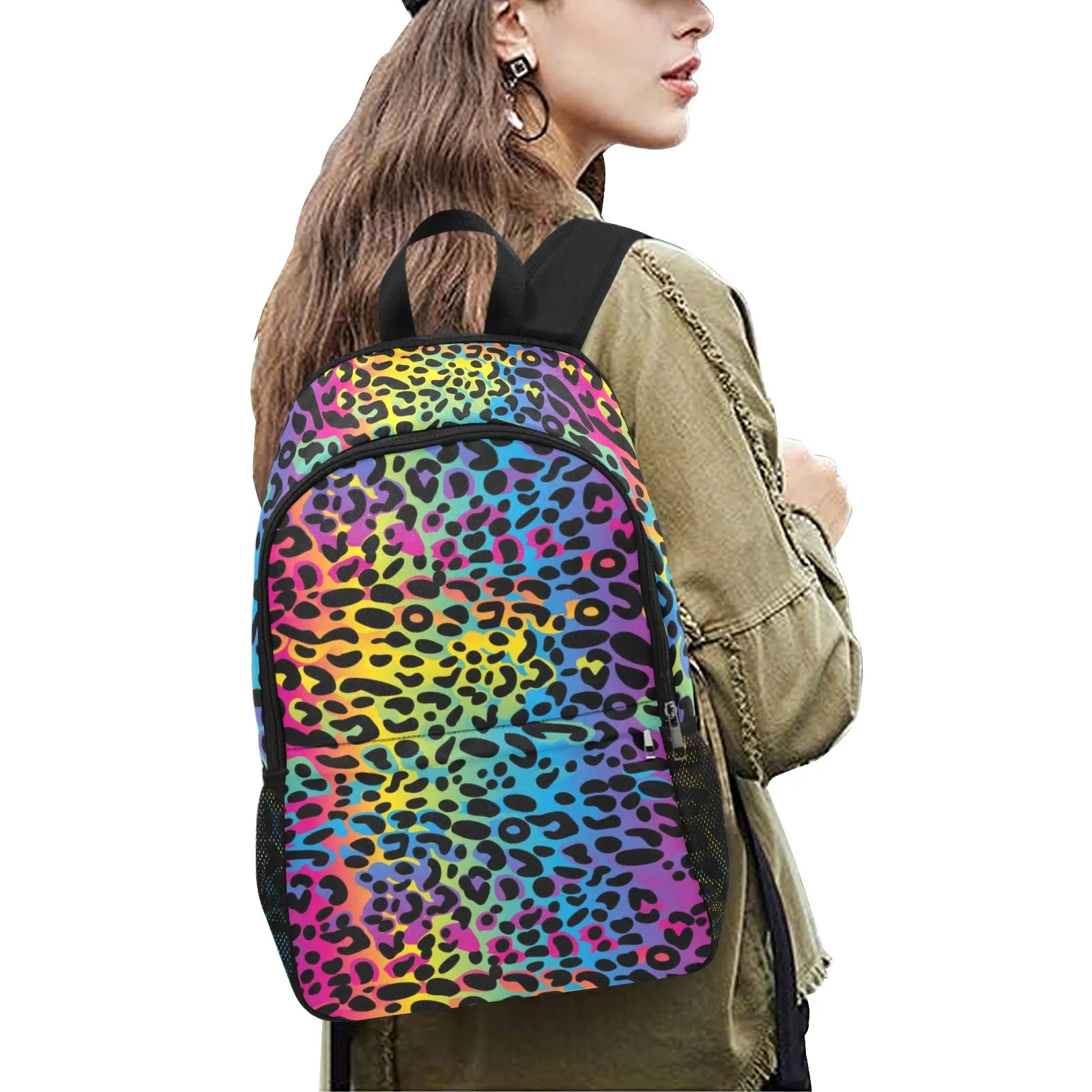 Rainbow Leopard Backpack, Cheetah Animal Print Men Women Kids Gift Him Her School College Waterproof Side Mesh Pockets Aesthetic Bag