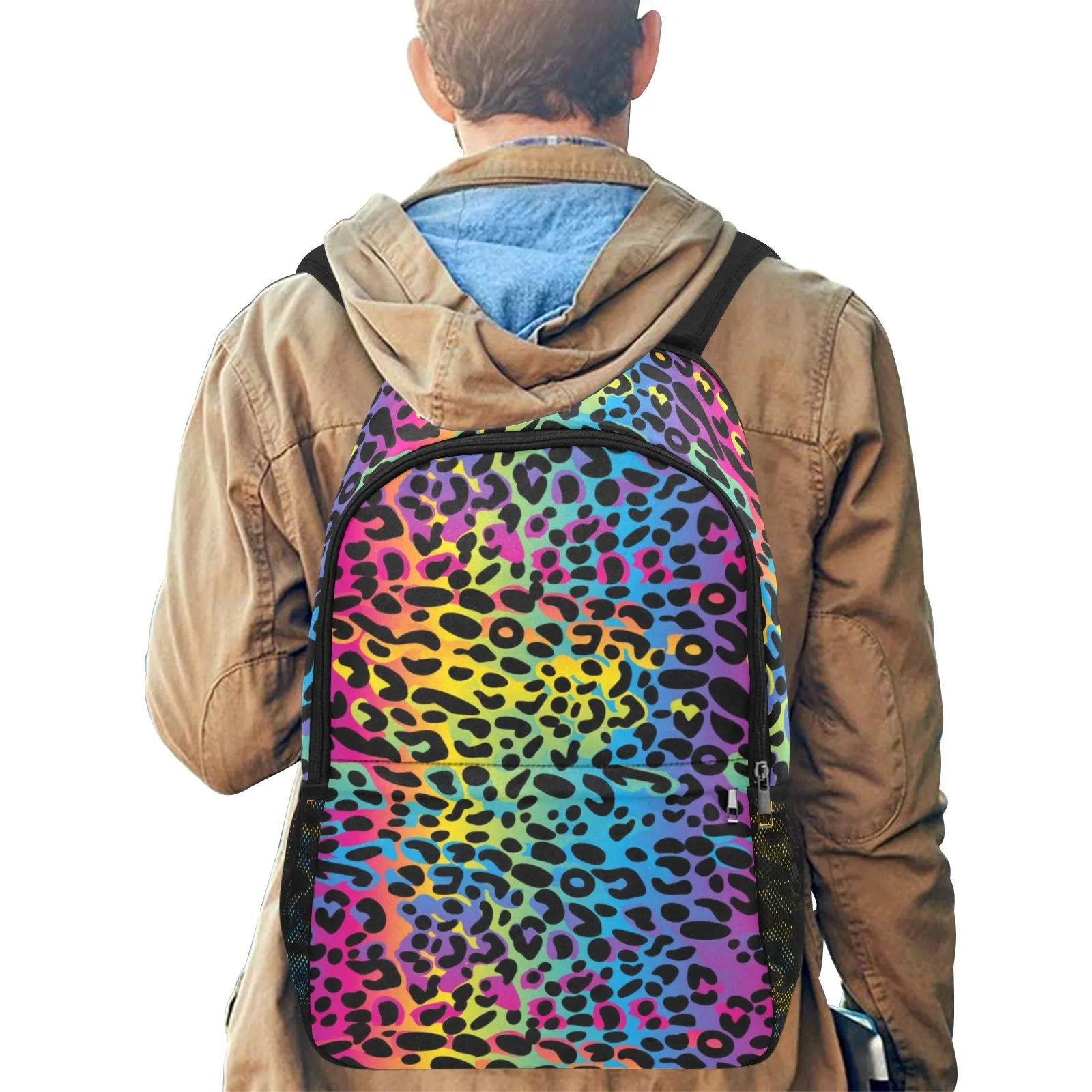 Rainbow Leopard Backpack, Cheetah Animal Print Men Women Kids Gift Him Her School College Waterproof Side Mesh Pockets Aesthetic Bag