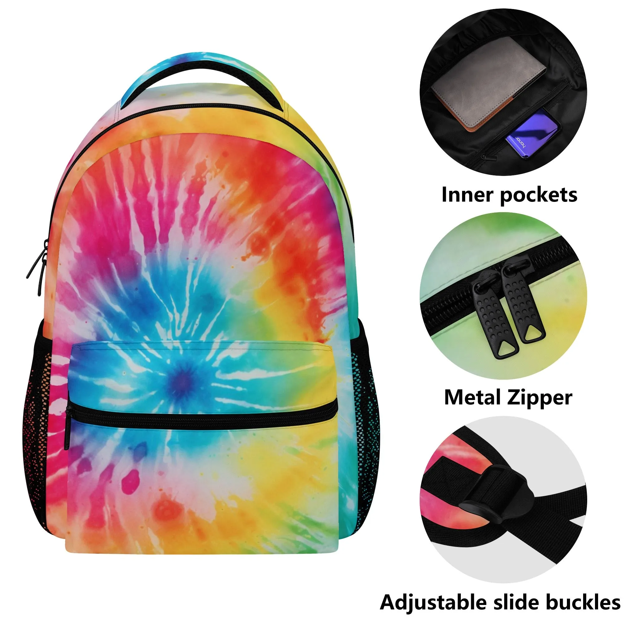 Rainbow Tie Dye Backpack, Laptop Men Women Kids Gift Him Her School College Waterproof Side Pockets Aesthetic Ladies Bag