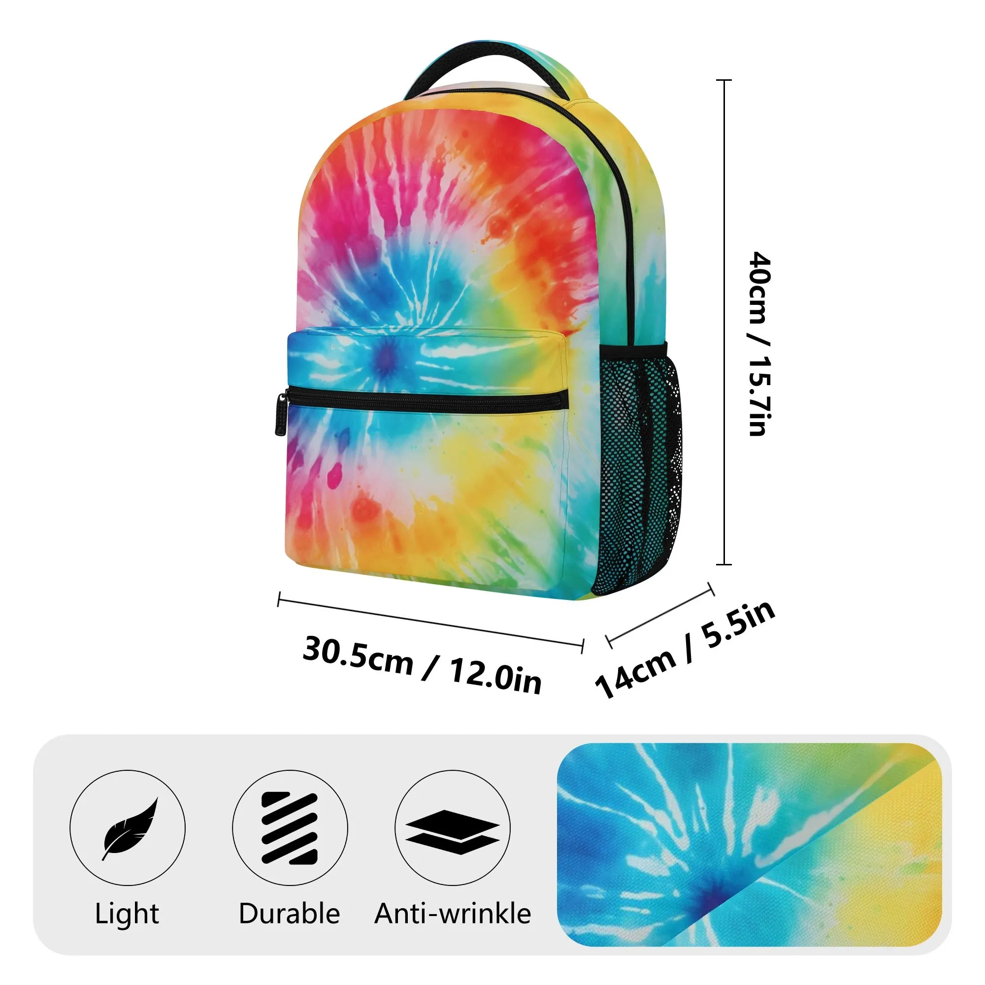 Rainbow Tie Dye Backpack, Laptop Men Women Kids Gift Him Her School College Waterproof Side Pockets Aesthetic Ladies Bag