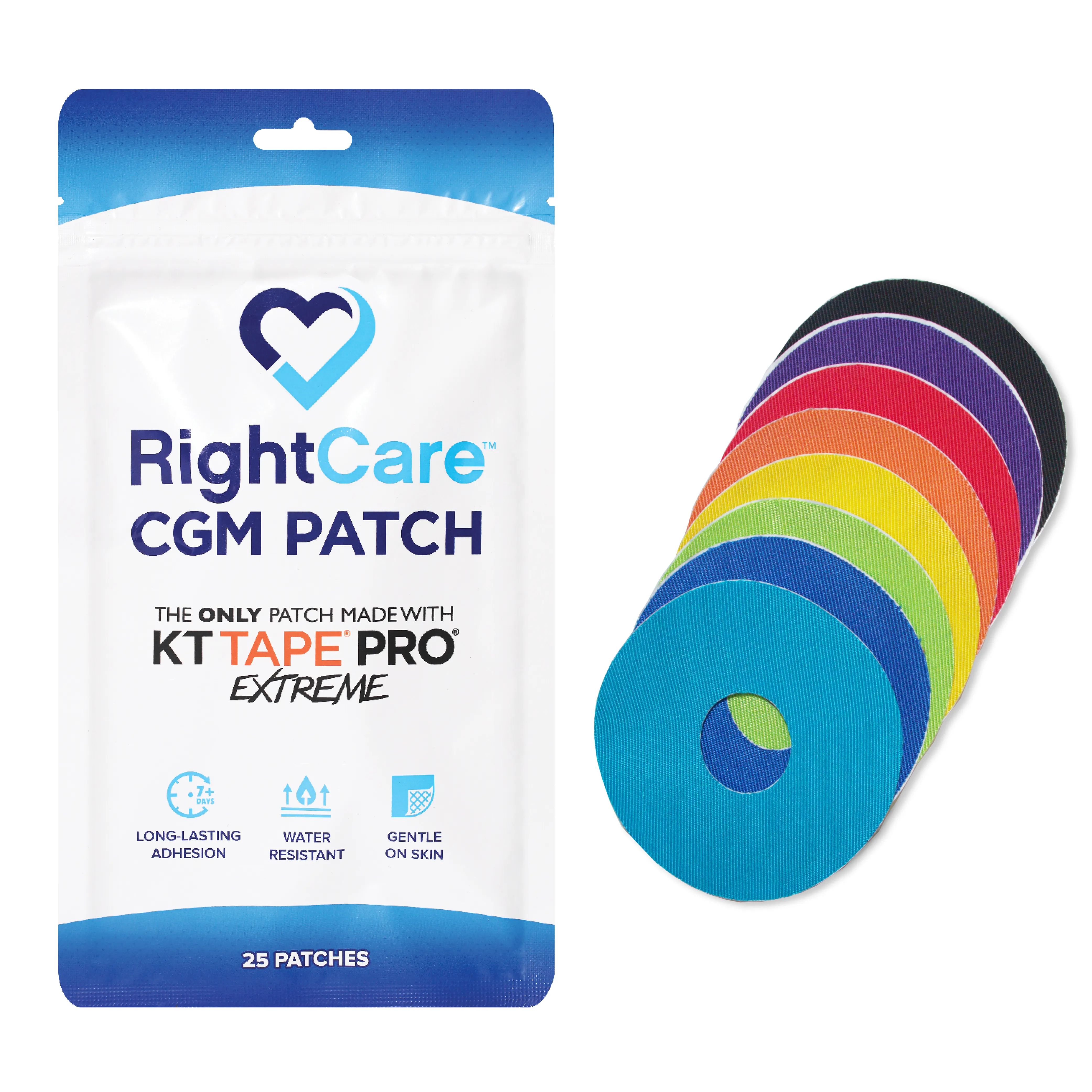 RightCare CGM Adhesive Patch made with KT Tape, Dexcom G7, Bag of 25