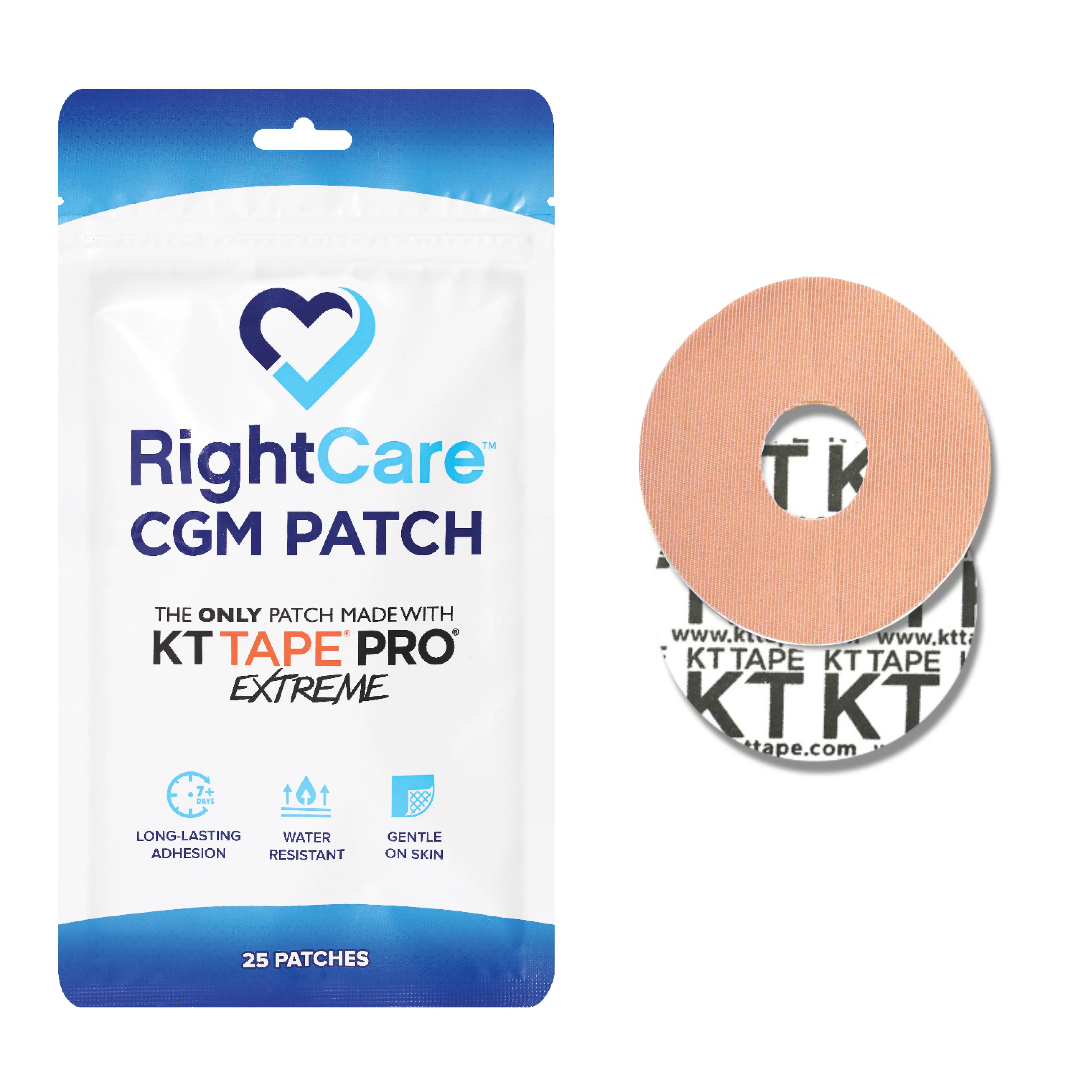 RightCare CGM Adhesive Patch made with KT Tape, Dexcom G7, Bag of 25