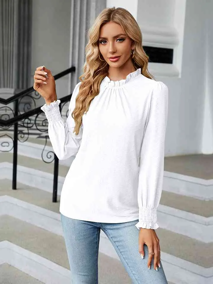 Round Neck Flounce Sleeve Blouse