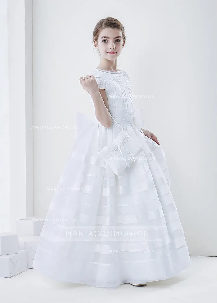 Short Sleeve Ball Gown Organza First Communion Dress With Beaded Bodice