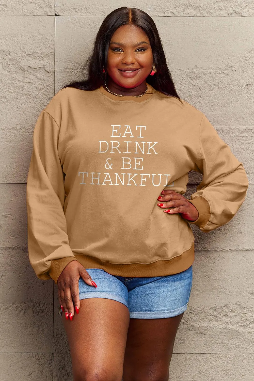 Simply Love Full Size EAT DRINK & BE THANKFUL Round Neck Sweatshirt