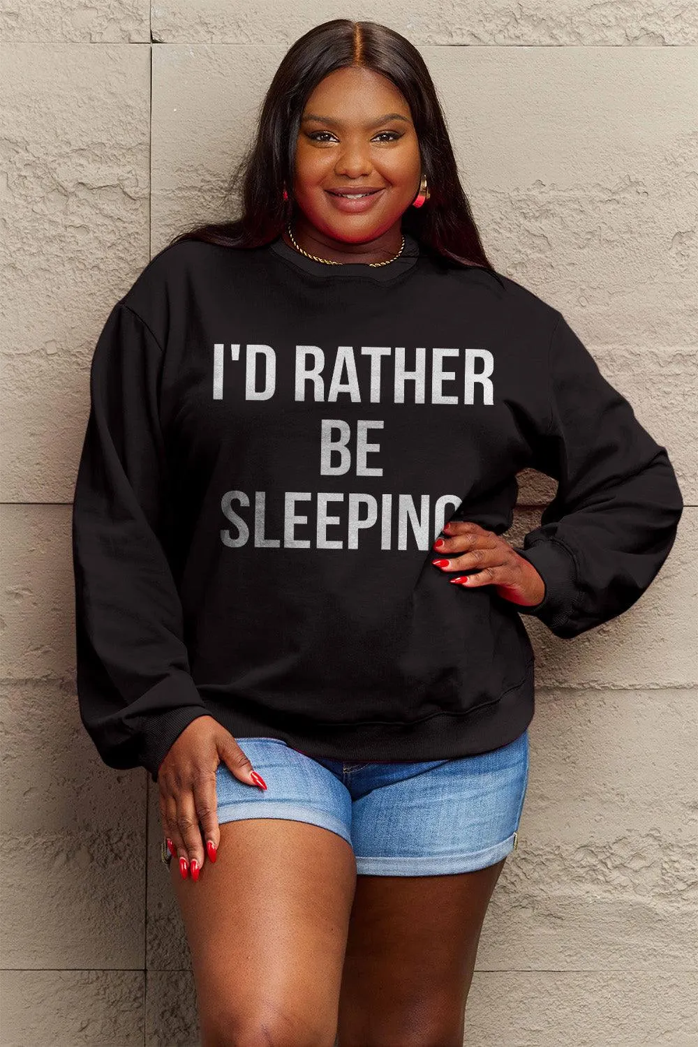 Simply Love Full Size I'D RATHER BE SLEEPING Round Neck Sweatshirt