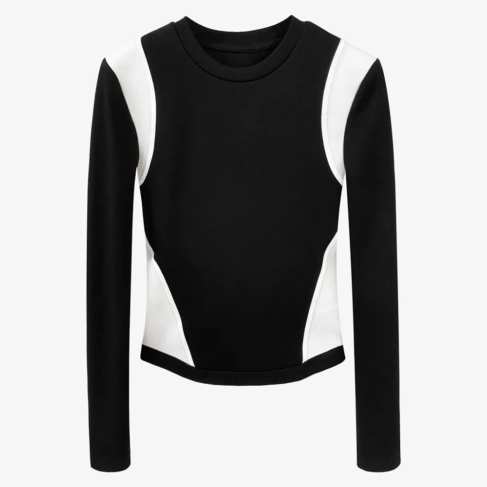 Skinny T Shirt For Women Round Neck Long Sleeve Patchwork Colorblock T Shirts Female Autumn Clothing Fashion