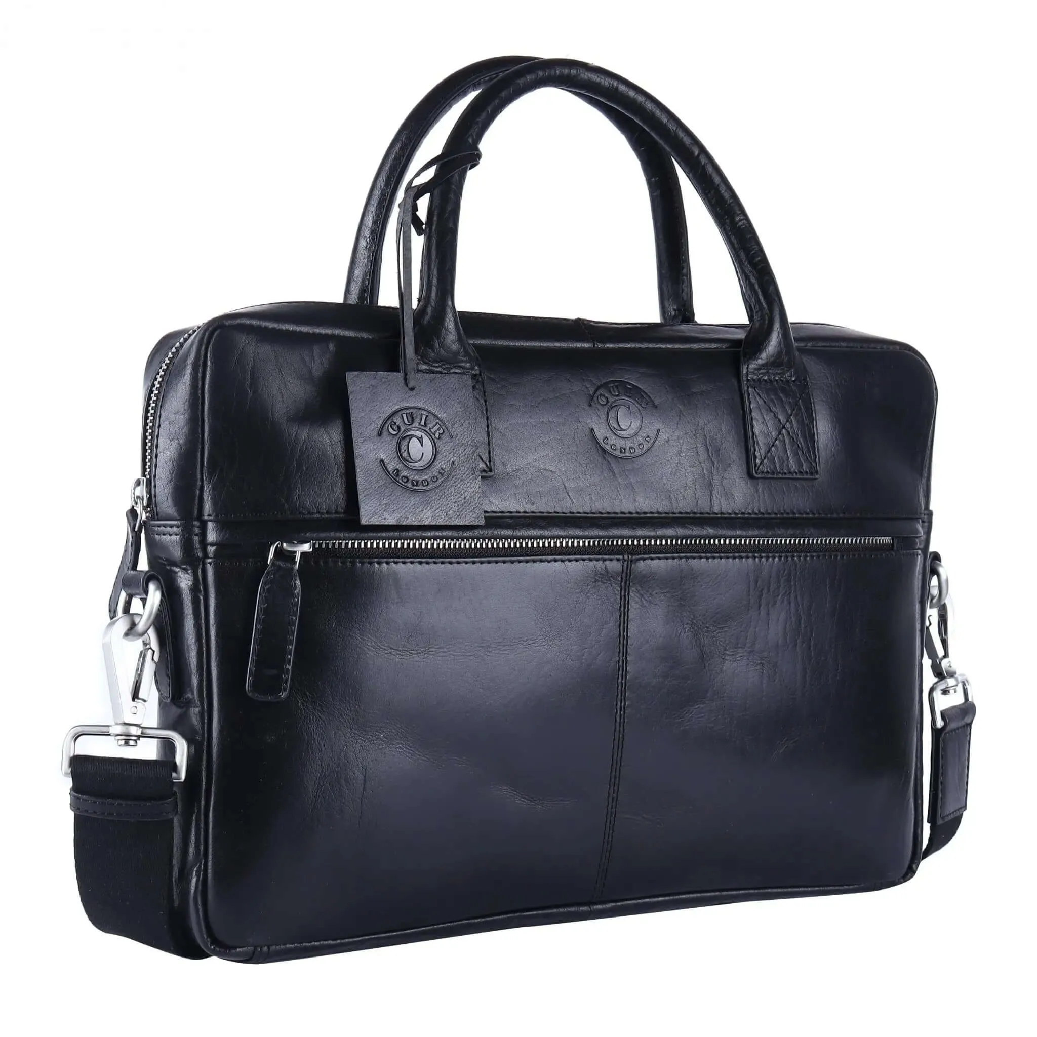 Sleek Black Leather Laptop Bag: 31 x 38 x 5.5 cm Dimensions