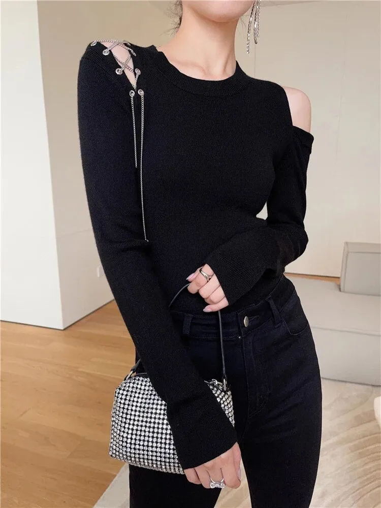 Solid Irregular Sweaters For Women Round Neck Long Sleeve Knitting Off Shoulder Slimming Sweater Female Fashion