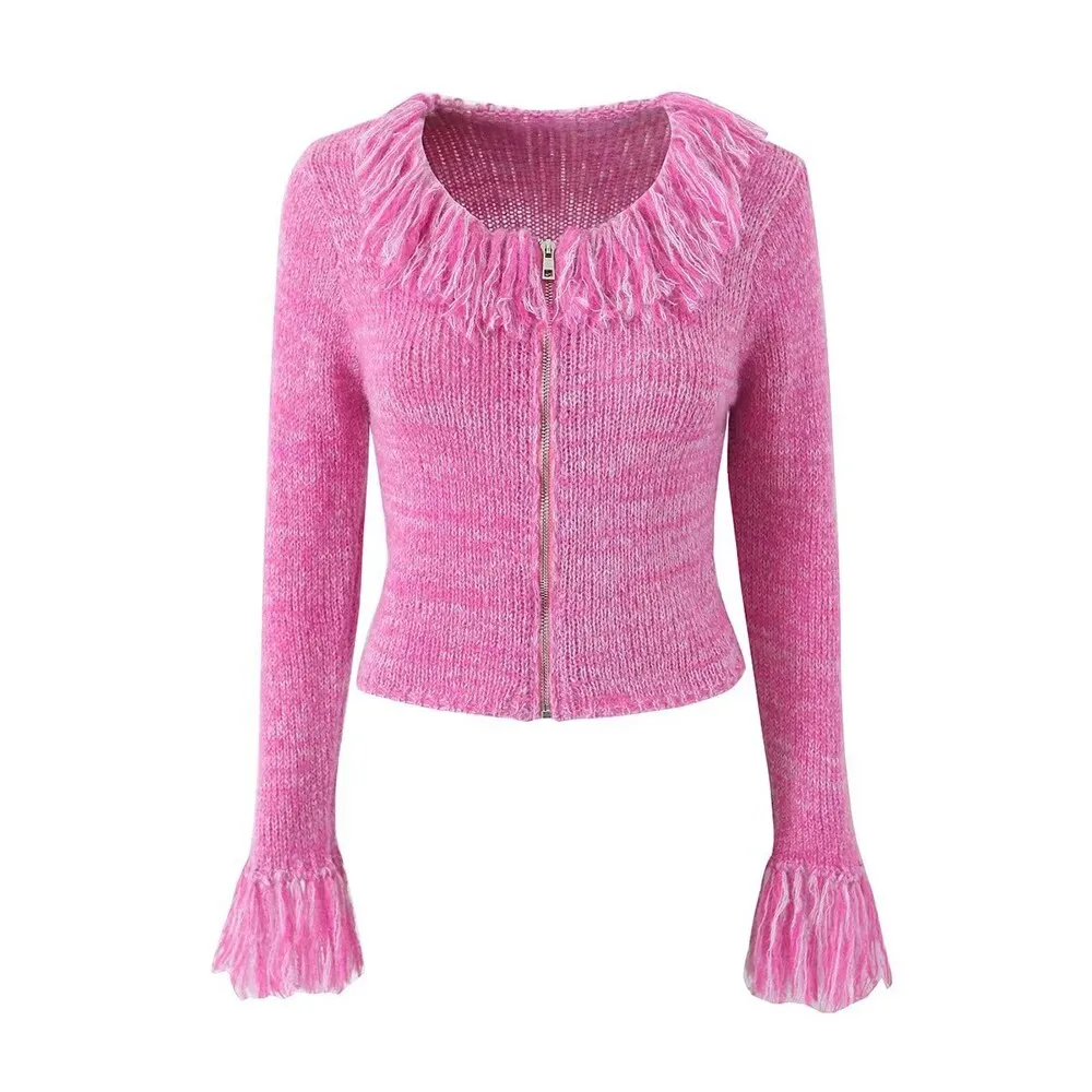 Spliced Tassel Casual Sweaters For Women Round Neck Long Sleeve Patchwork Zipper Slimming Sweater Female Clothing