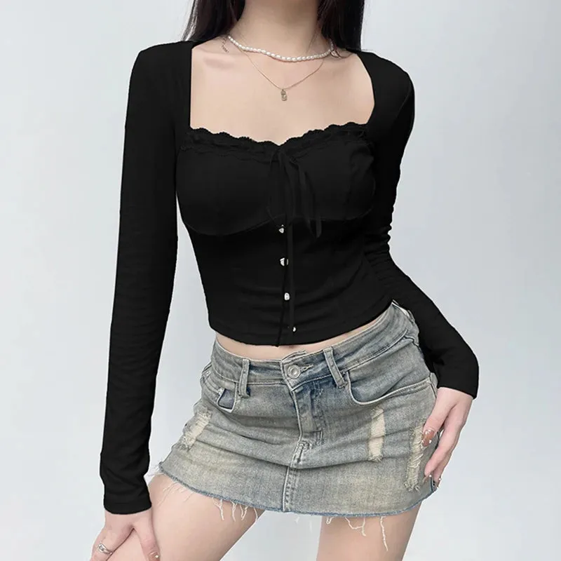 Square Neck Coquette Autumn Women T-shirts Slim Sweet Korean Style Lace Trim Crop Top Tee Chic Tie Up Buttons Clothes