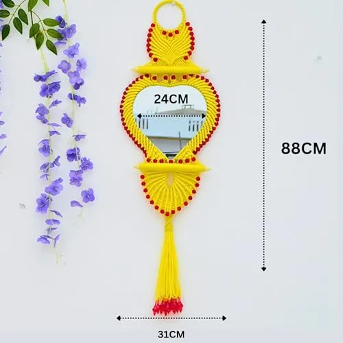 Style and Creativity Handmade Macrame Heart-Shaped Wall Hanging Mirror Boho Decorative for Living Bedroom Home Décor (Yellow, Pack of 1)