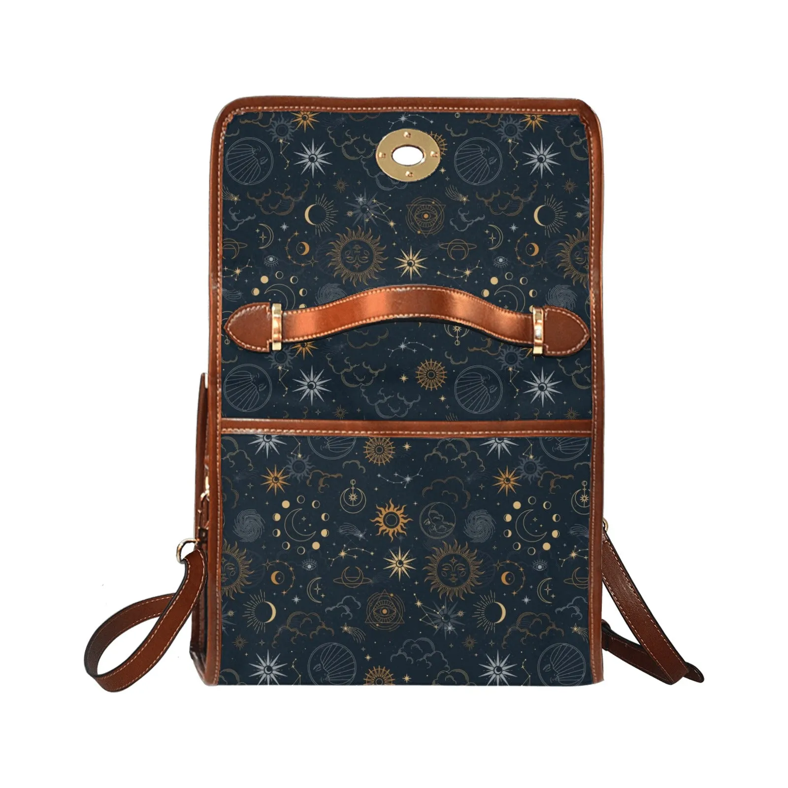 Sun Moon Canvas Satchel bag, Planets Space Stars Vintage Waterproof Brown Cute Women Crossed Body Purse Vegan Leather Strap Handbag Gift