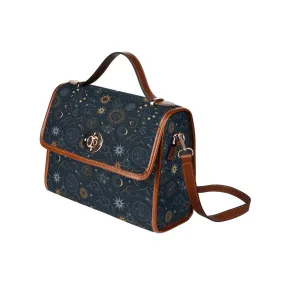 Sun Moon Canvas Satchel bag, Planets Space Stars Vintage Waterproof Brown Cute Women Crossed Body Purse Vegan Leather Strap Handbag Gift